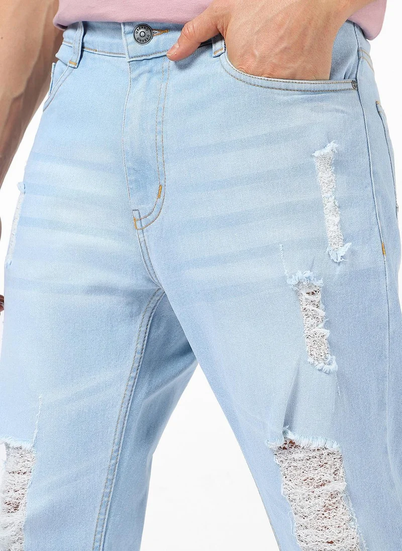 Urbano Fashion  Urbano Fashion Men's Ice Blue Slim Fit Heavy Distressed/Torn Jeans for Men | Best Price UAE